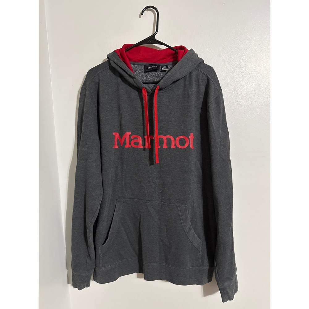Marmot Mens Logo Pullover Hoodie Gray Red Fleece Sweatshirt Large L